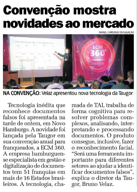 Tecnologia desenvolvida pela Taugor, vira matéria no Jornal NH - Retrospectiva 2018